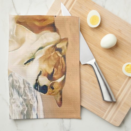 Het versoepelen van Welsh Corgi op het strand Theedoek (Quarter Fold)