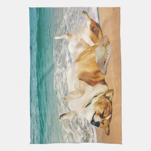 Het versoepelen van Welsh Corgi op het strand Theedoek (Verticaal)