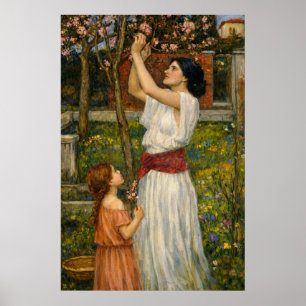 Het verzamelen van amandelbloesem door Waterhouse Poster