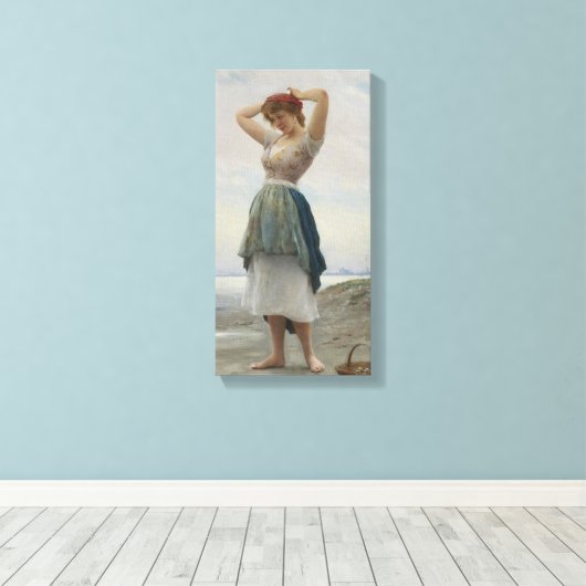 Het verzamelen van kiezels op het strand in Italië Canvas Afdruk (Insitu (Houten vloer))