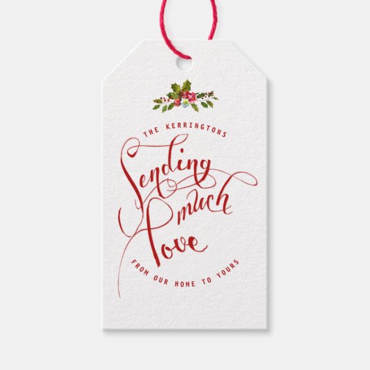 Het verzenden van veel liefde Holly Floral Holiday Cadeaulabel (Voorkant)