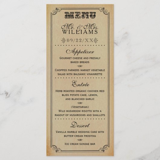 Het Victoriaans Steampunk Wedding Collectie Menu (Voorkant)