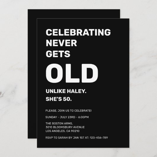 Het vieren van Never Gets Old Funny 50th Birthday Kaart (Voorkant / Achterkant)