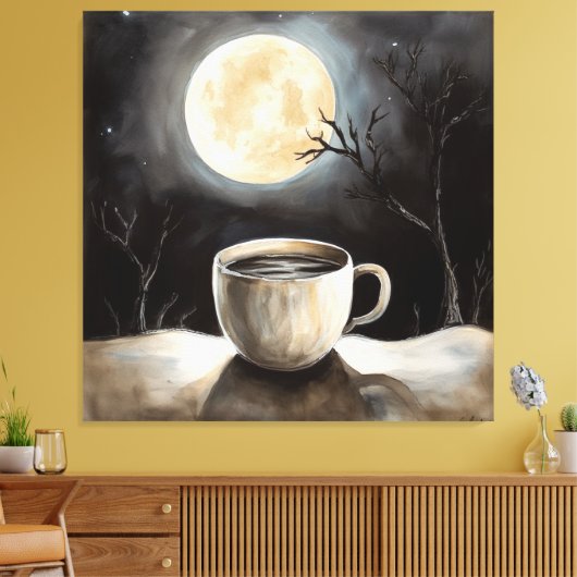 Het vinden van winterrust met koffie en maan. canvas afdruk (Insitu (Woonkamer))