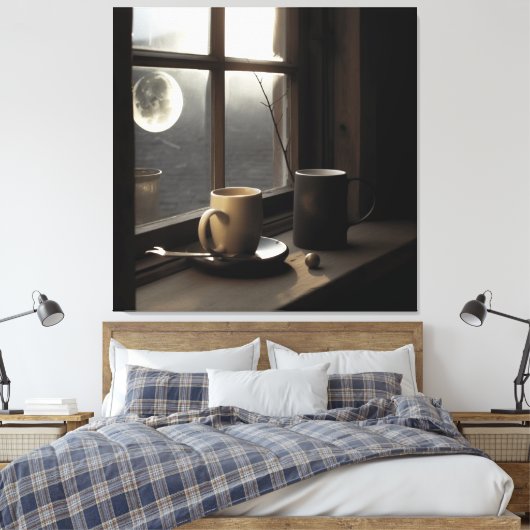 Het vinden van winterrust met koffie en maan. canvas afdruk (Insitu (Slaapkamer))