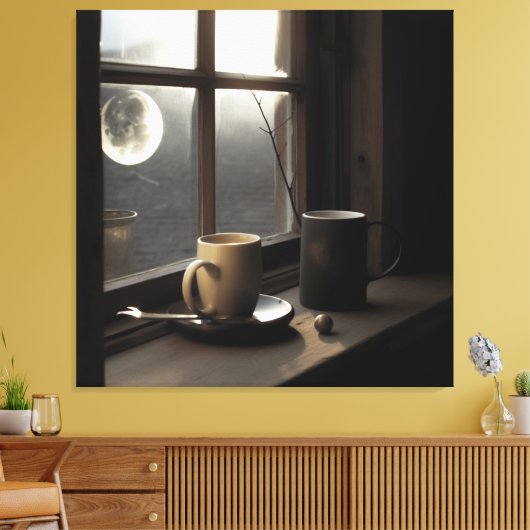 Het vinden van winterrust met koffie en maan. canvas afdruk (Insitu (Woonkamer))