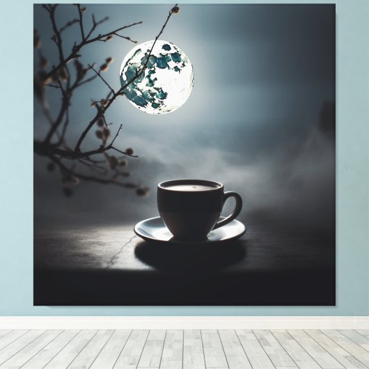 Het vinden van winterrust met koffie en maan. canvas afdruk (Insitu (Houten vloer))