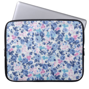 Het vintage Blauwe Roze Leuke BloemenPatroon van Laptop Sleeve