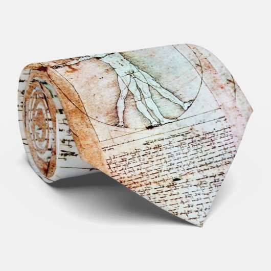 Het VITRUVIAN MAN, Antiek Wit Bruin Perkament Stropdas (Opgerold)