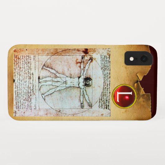 Het VITRUVIAN MAN Parchment Red Ruby Monogram Case-Mate iPhone Case (Achterkant (horizontaal))