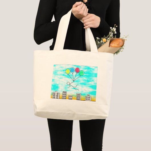 Het vliegen over de stad met ballonnen grote tote bag (Voorkant (product))