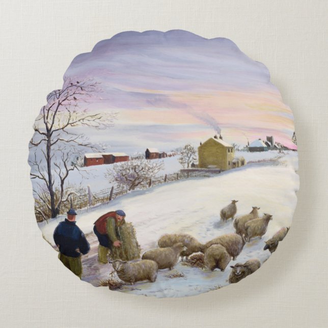 Het voederen van schapen in de winter rond kussen (Voorkant)