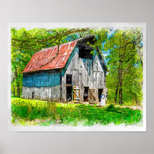 Het voeren van kippen bij de schuur poster