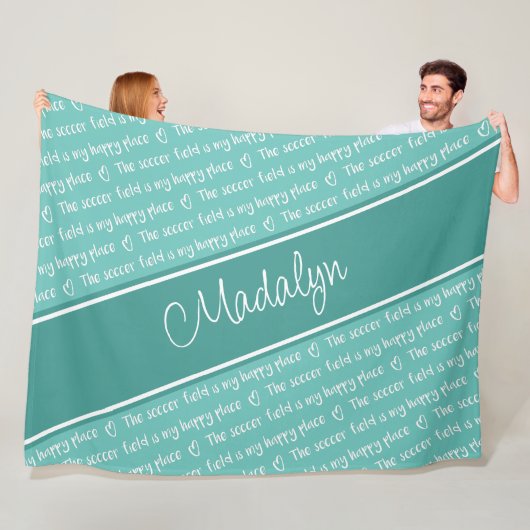 Het voetbalveld is mijn gelukkige plek blauwgroen  fleece deken (In situ)