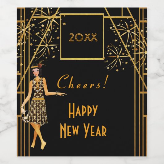 Het vuurwerk van 1920 in New Year's Eve Black Gold Wijn Etiket (Enkel label)