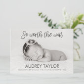 Het wachten waard Foto Baby Geboorteaankondiging Aankondiging (Staand voorkant)