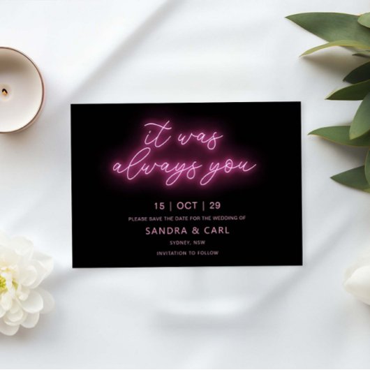 Het was altijd jij Neon Glow Light Save the Date Kaart