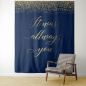 Het was altijd jij tex Blauwe glinsterende trouwba Wandkleed (In situ)