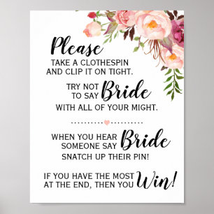 Het wasknijper spel bruidsfeest roze bloemenschild poster