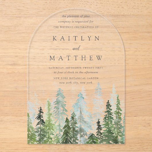 Het Waterverf Pine Tree Forest Wedding Collectie Acryl Uitnodigingen (Voorkant)