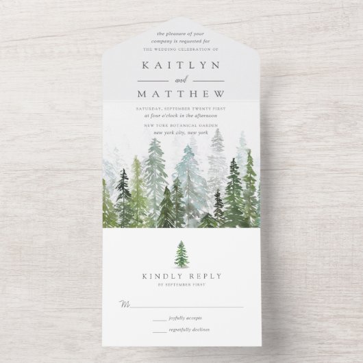 Het Waterverf Pine Tree Forest Wedding Collectie All In One Uitnodiging (Binnen)