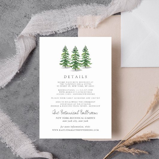 Het Waterverf Pine Tree Forest Wedding Collectie Informatiekaartje