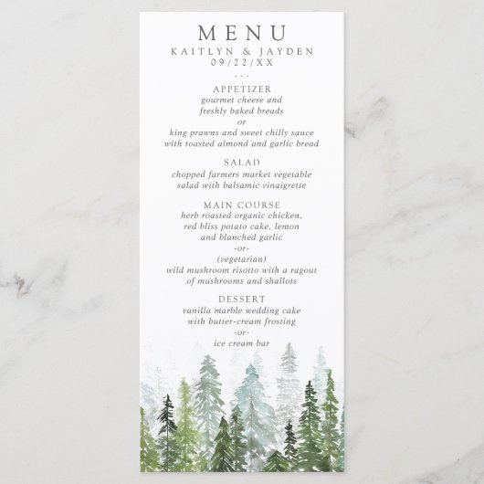 Het Waterverf Pine Tree Forest Wedding Collectie Menu (Voorkant)