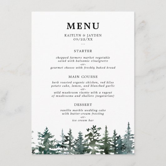 Het Waterverf Pine Tree Forest Wedding Collectie Menu (Voorkant)