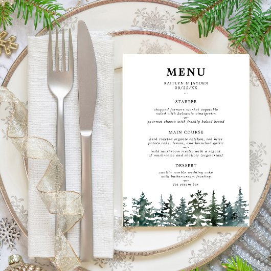 Het Waterverf Pine Tree Forest Wedding Collectie Menu