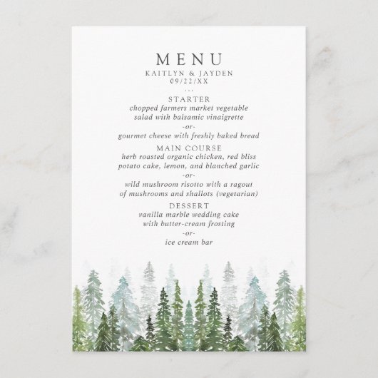 Het Waterverf Pine Tree Forest Wedding Collectie Menu (Voorkant)