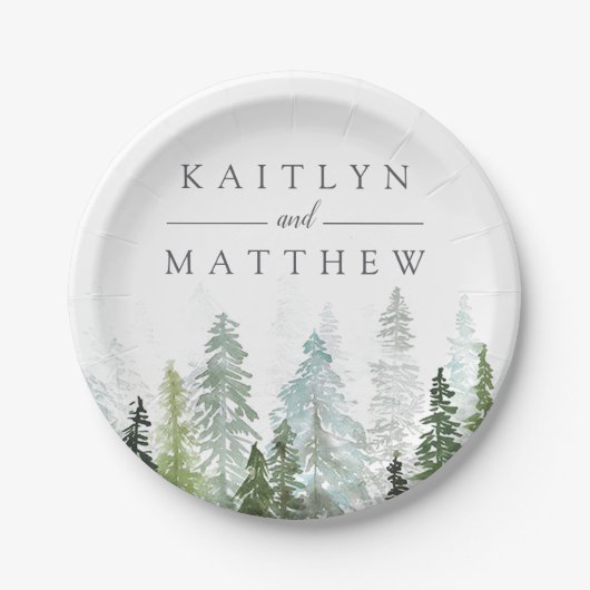 Het Waterverf Pine Tree Forest Wedding Collectie Papieren Bordje (Voorkant)