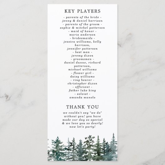 Het Waterverf Pine Tree Forest Wedding Collectie Programmakaart (Achterkant)