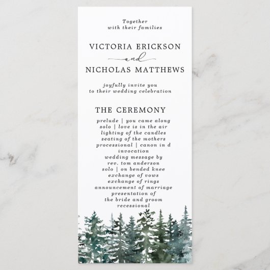 Het Waterverf Pine Tree Forest Wedding Collectie Programmakaart (Voorkant)
