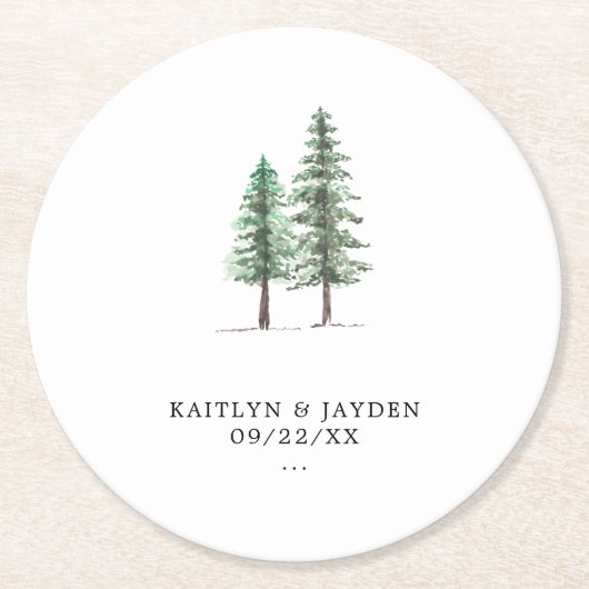 Het Waterverf Pine Tree Forest Wedding Collectie Ronde Kartonnen Onderzetter (Voorkant)