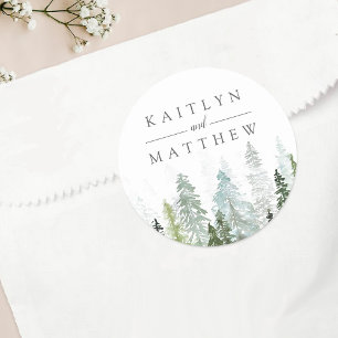 Het Waterverf Pine Tree Forest Wedding Collectie Ronde Sticker