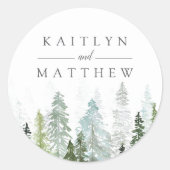Het Waterverf Pine Tree Forest Wedding Collectie Ronde Sticker (Voorkant)
