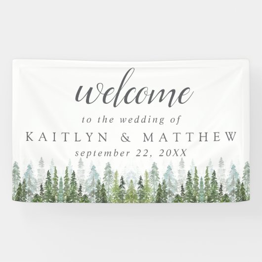 Het Waterverf Pine Tree Forest Wedding Collectie Spandoek (Horizontaal)