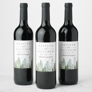 Het Waterverf Pine Tree Forest Wedding Collectie Wijn Etiket