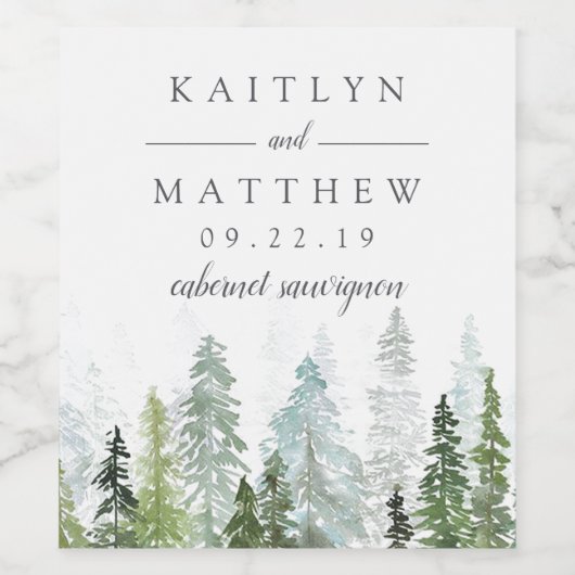 Het Waterverf Pine Tree Forest Wedding Collectie Wijn Etiket (Enkel label)