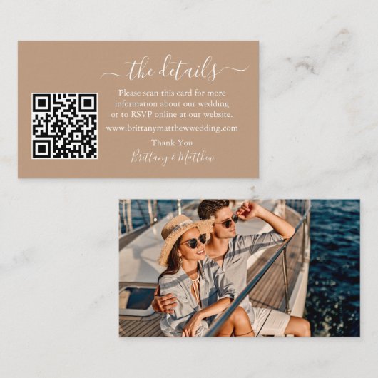 Het Web QR Photo Taupe van Calligraphy Wedding Det Informatiekaartje (Voorkant / Achterkant)