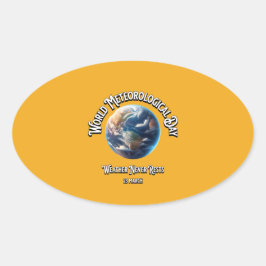 Het weer rust nooit. Wereld Meteorologische Dag. Ovale Sticker