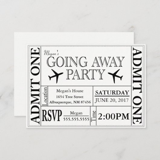 Het weggaan van de Uitnodiging van het Ticket van  (Voorkant / Achterkant)