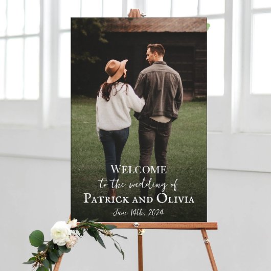 Het welkomstteken van de bruiloft met foto op canv canvas afdruk