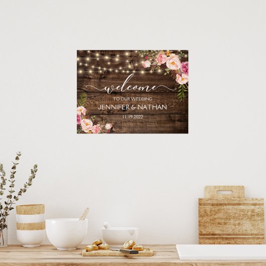 Het welkomstteken van Rustic String Lights Wedding Poster (Keuken)