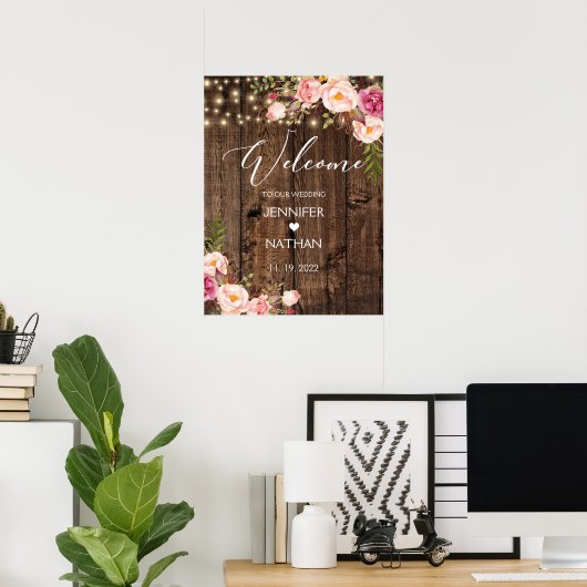 Het welkomstteken van Rustic String Lights Wedding Poster (Thuiskantoor)