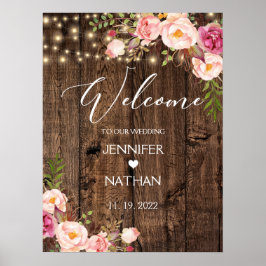 Het welkomstteken van Rustic String Lights Wedding Poster