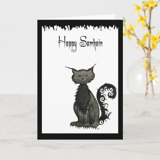 Het Wenskaart van de Kat van Samhain Kaart (Gele Bloem)