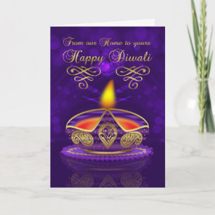 Het Wenskaart van Diwali in Goud en Paars met Lamp Kaart