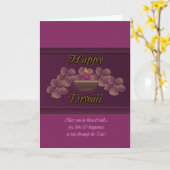 Het Wenskaart van Diwali met Lamp en de Paars van Kaart (Gele Bloem)