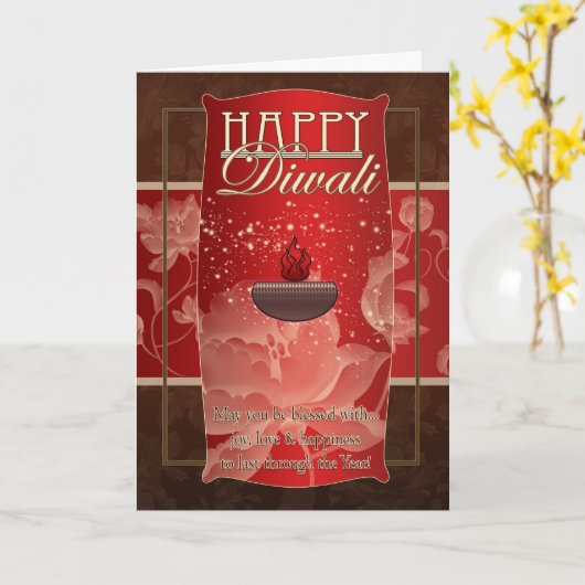 Het Wenskaart van Diwali met Lamp en het Rood van Kaart (Gele Bloem)